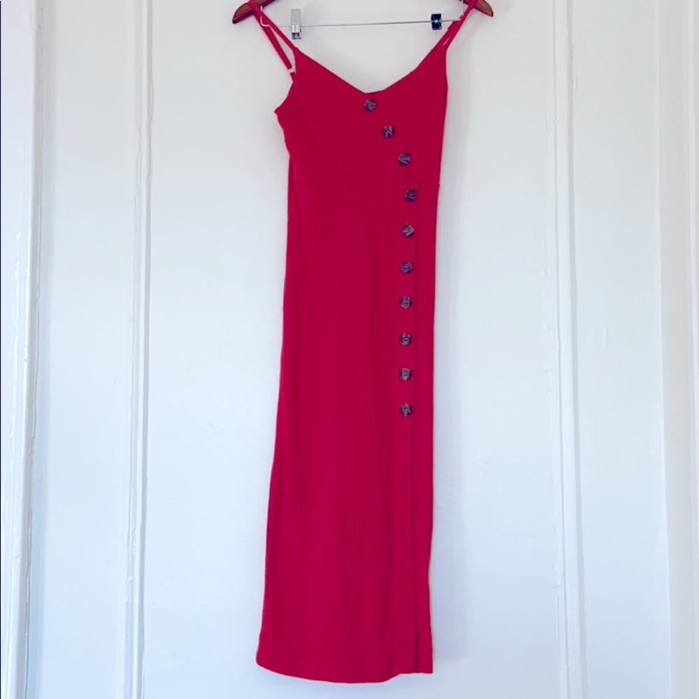 Red Summer midi dress with brown buttons